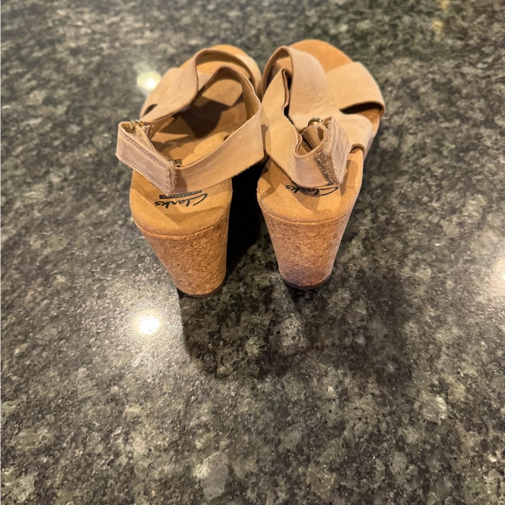 Clarks Tan Wedges with Cork Heel and Straps